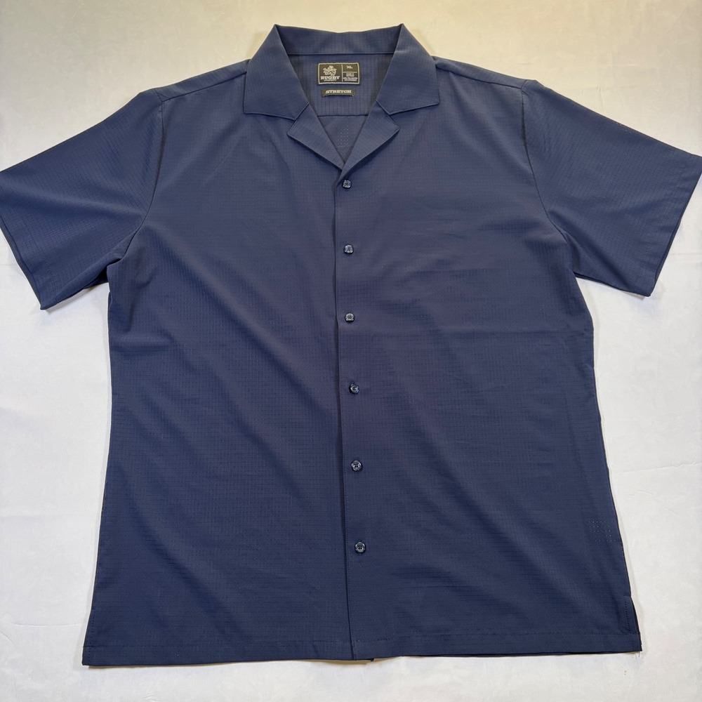 Rugby University Mens XL Navy Blue Stretch Ripstop Camp Collar Button Up Shirt